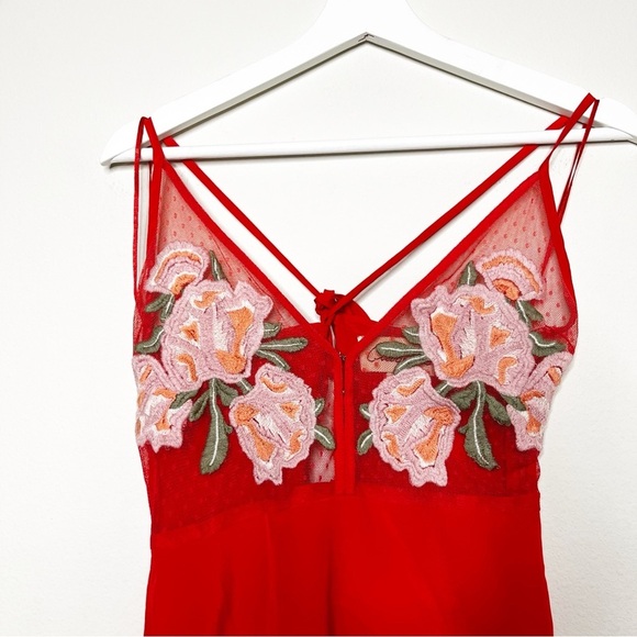 CleoBella Whispers Red Slip Dress Asymmetric Hem Embroidered - Picture 6 of 11